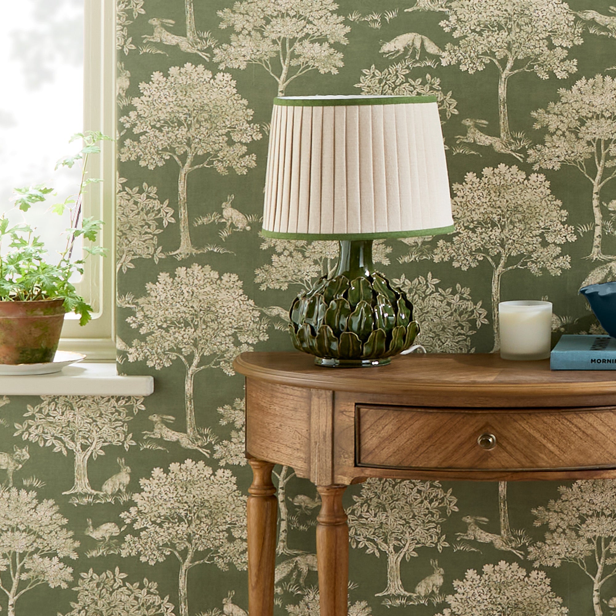 145391 Fox and Hare Olive Green Wallpaper by Joules