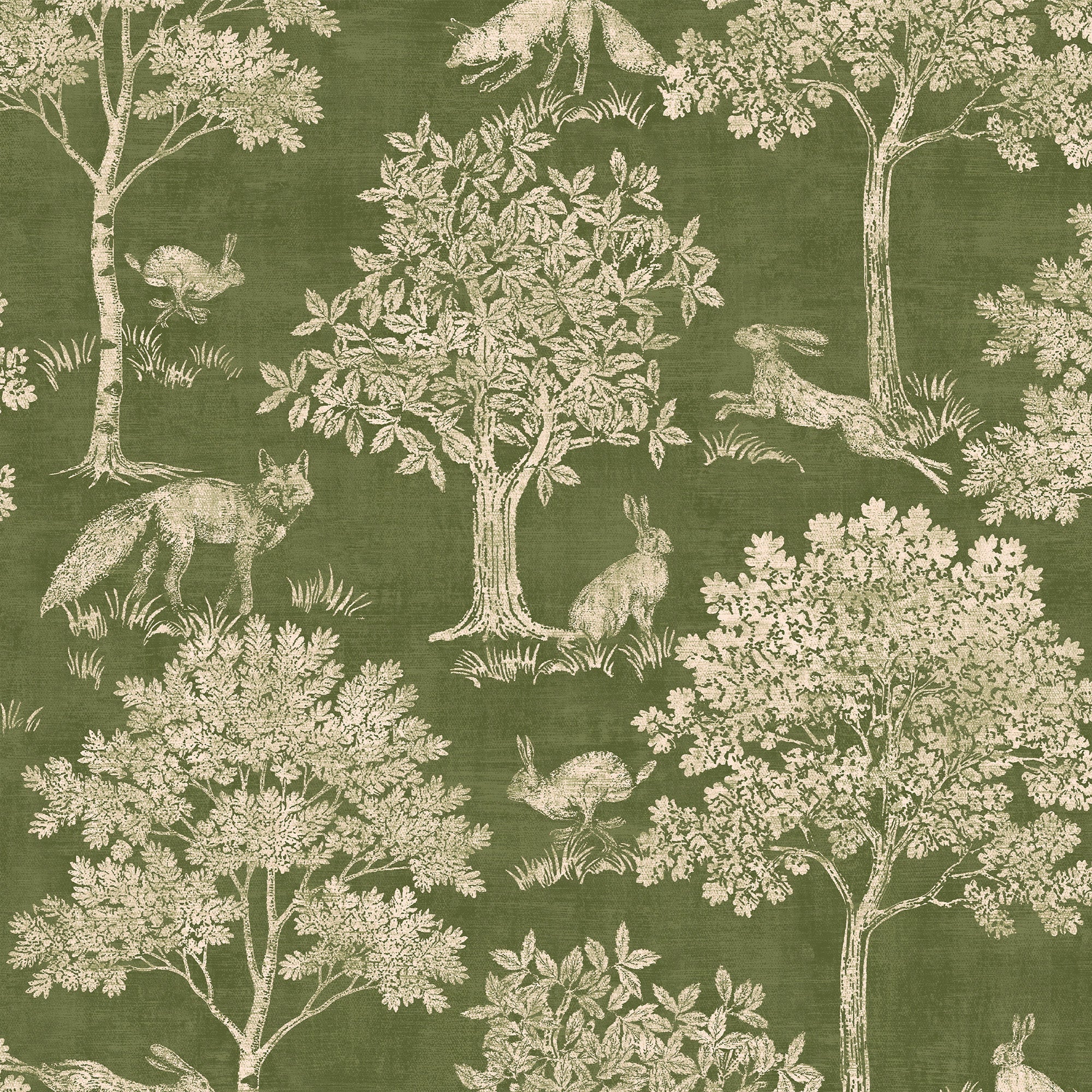 145391 Fox and Hare Olive Green Wallpaper by Joules