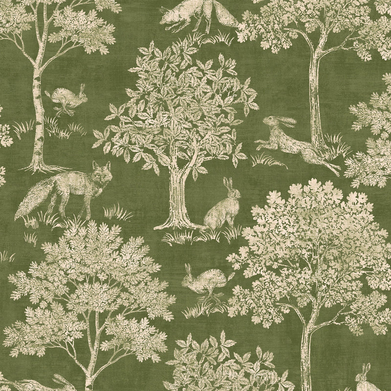145391 Fox and Hare Olive Green Wallpaper by Joules