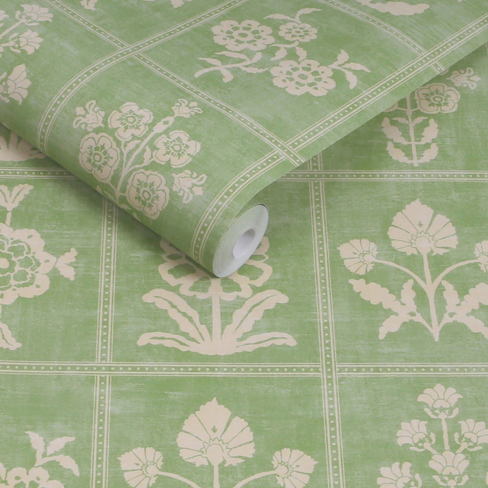 145392 Garden Floral Grid Pistachio Green Wallpaper by Joules