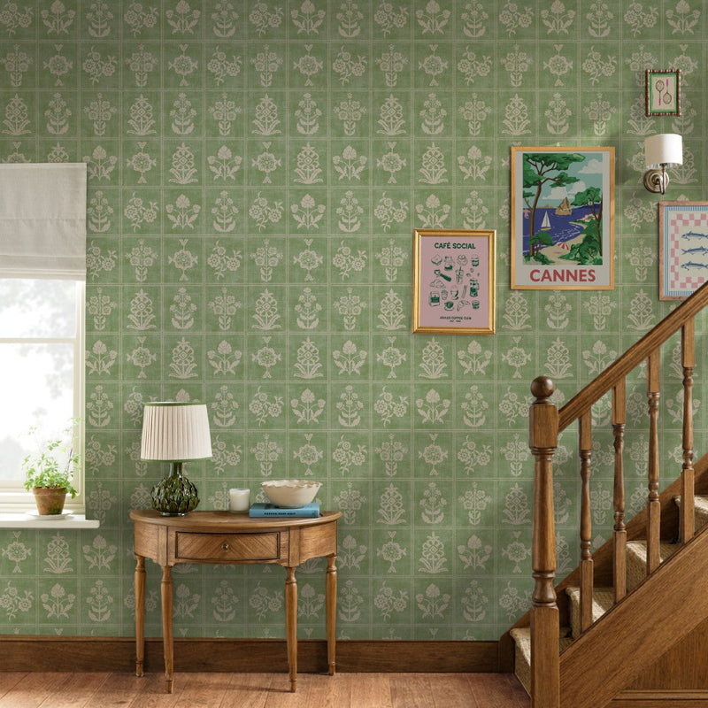 145392 Garden Floral Grid Pistachio Green Wallpaper by Joules