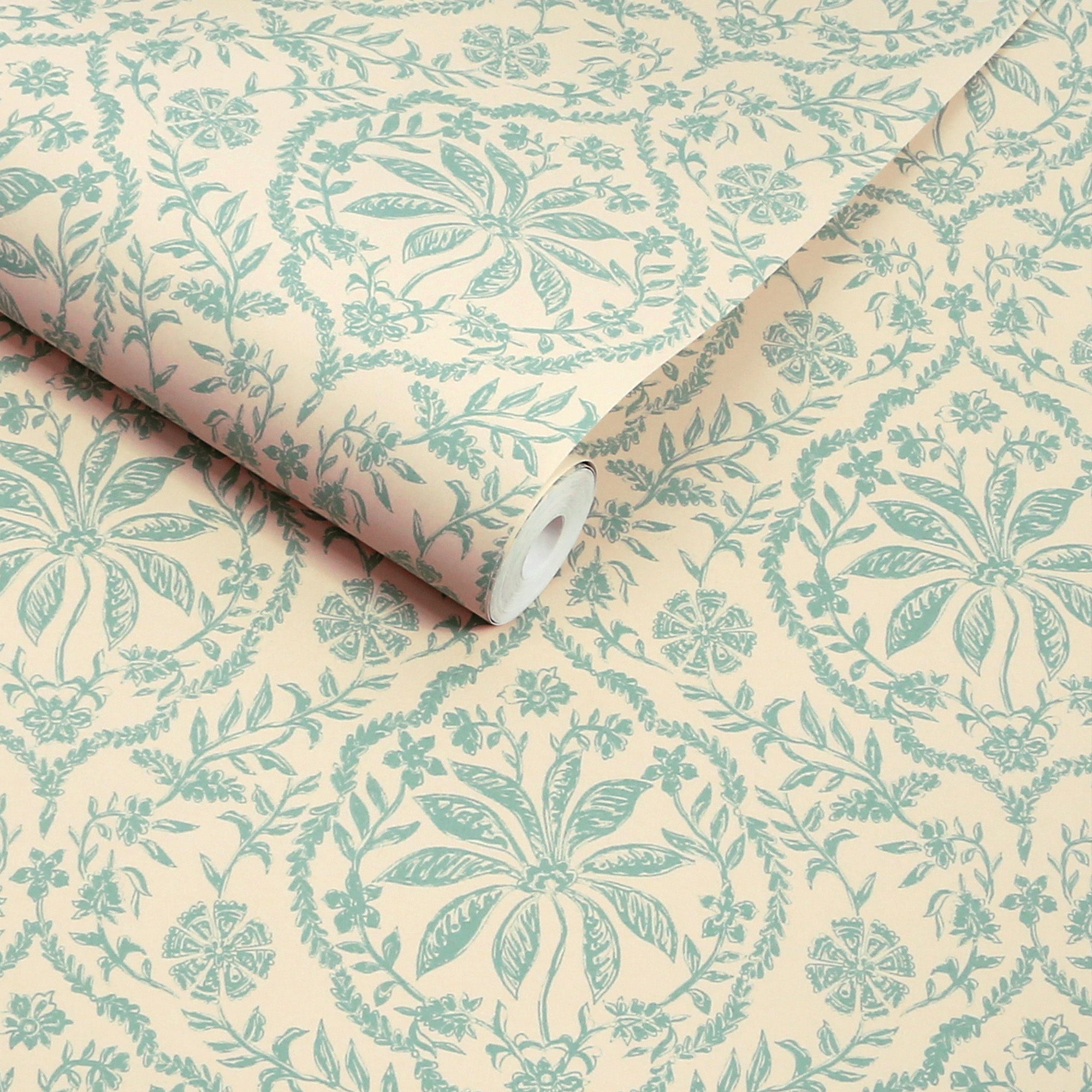 145395 Indienne Palm Cream & Duck Egg Blue Wallpaper by Joules