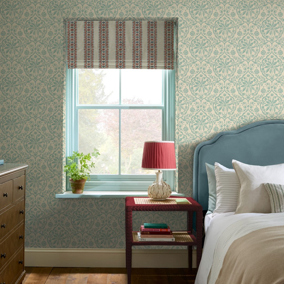 145395 Indienne Palm Cream & Duck Egg Blue Wallpaper by Joules