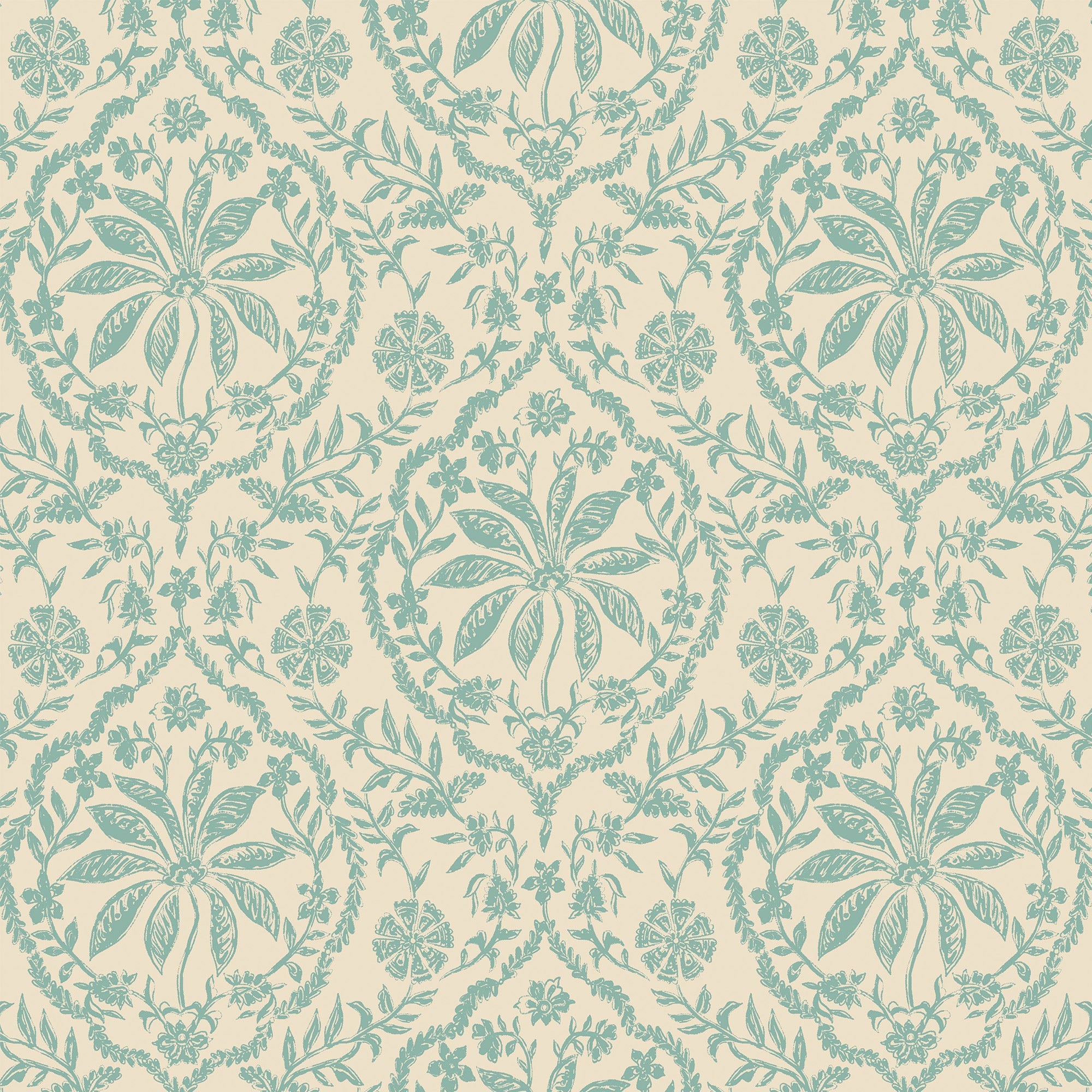145395 Indienne Palm Cream & Duck Egg Blue Wallpaper by Joules
