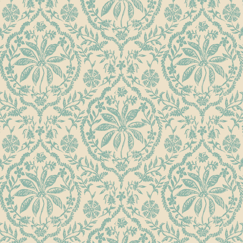 145395 Indienne Palm Cream & Duck Egg Blue Wallpaper by Joules