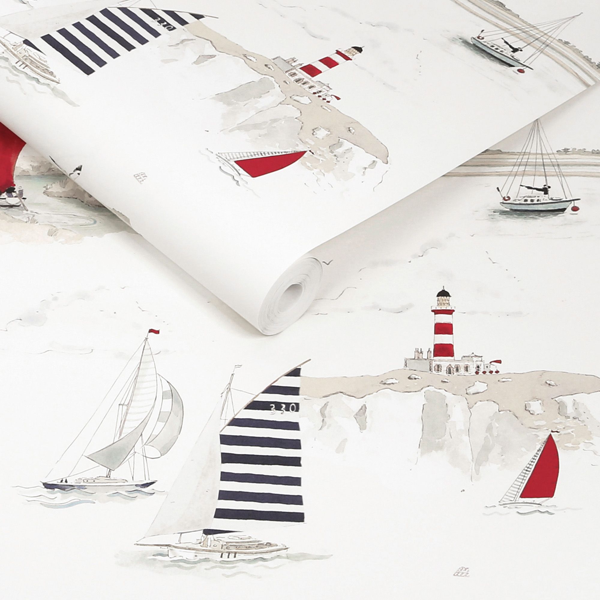 146836 Coastal Boats Langham White Wallpaper by Sophie Allport