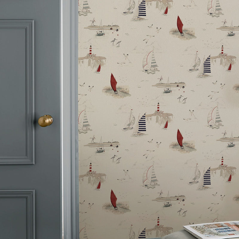 146836 Coastal Boats Langham White Wallpaper by Sophie Allport