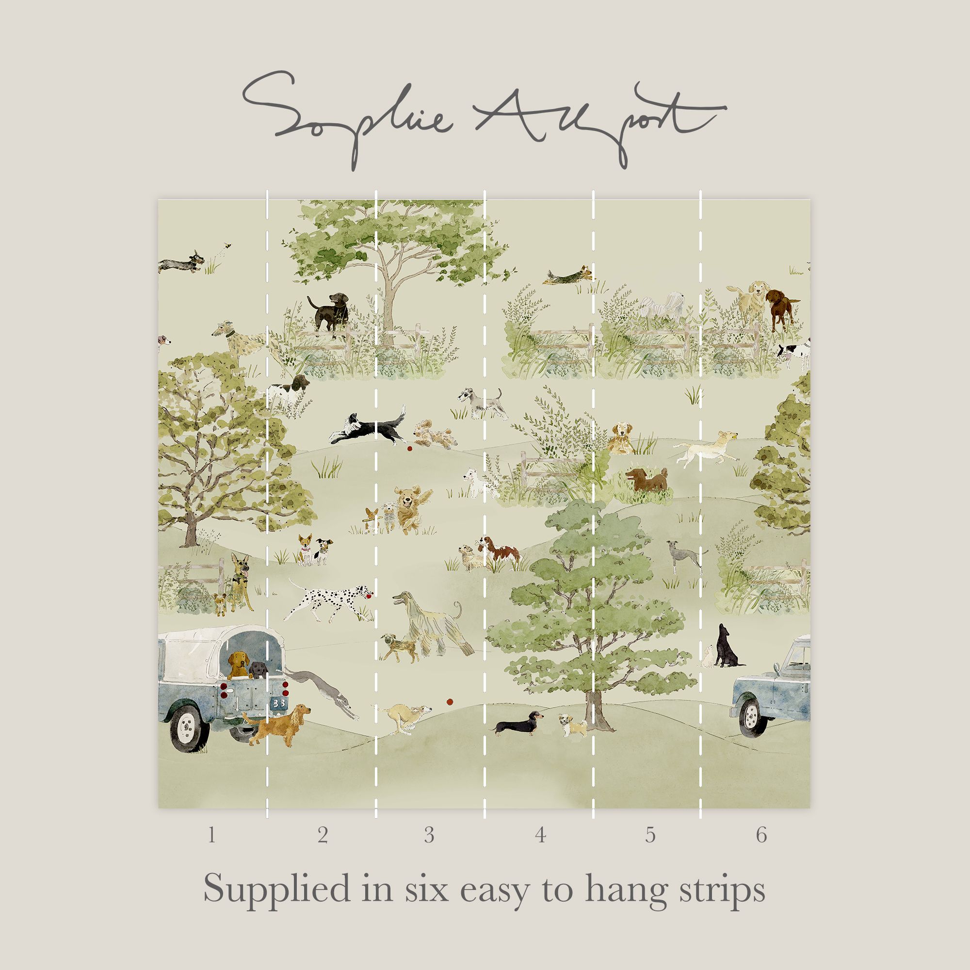146906FXST Dog Walking Hambleton Sage Mural by Sophie Allport 300x280cm