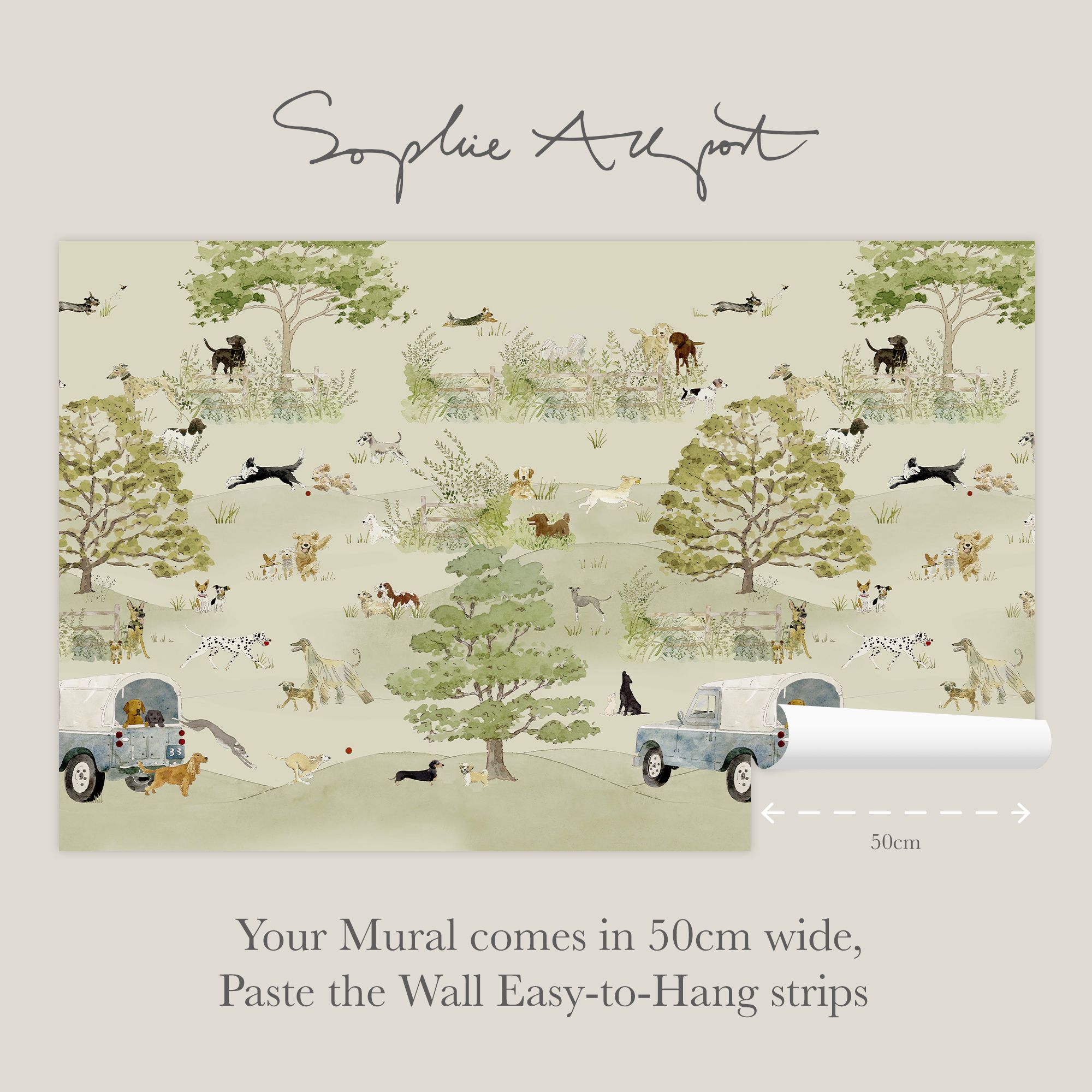 146906FXST Dog Walking Hambleton Sage Mural by Sophie Allport 300x280cm