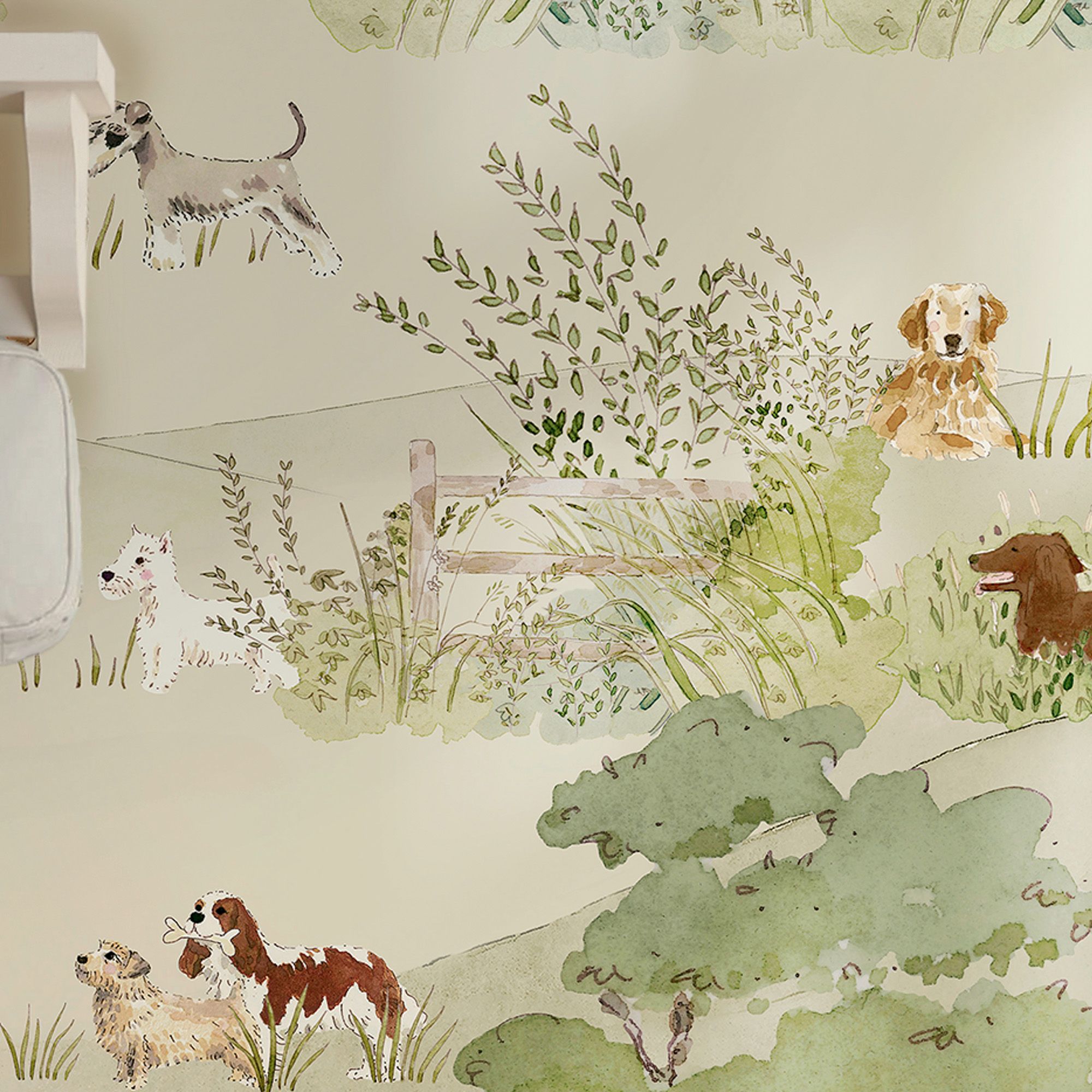 146906FXST Dog Walking Hambleton Sage Mural by Sophie Allport 300x280cm