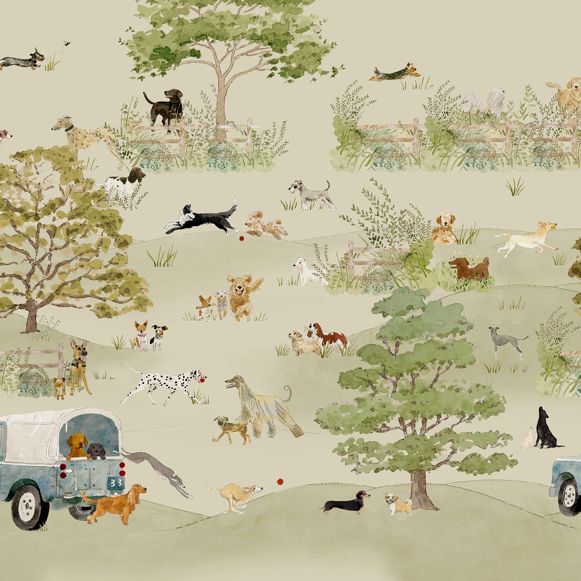 146906FXST Dog Walking Hambleton Sage Mural by Sophie Allport 300x280cm
