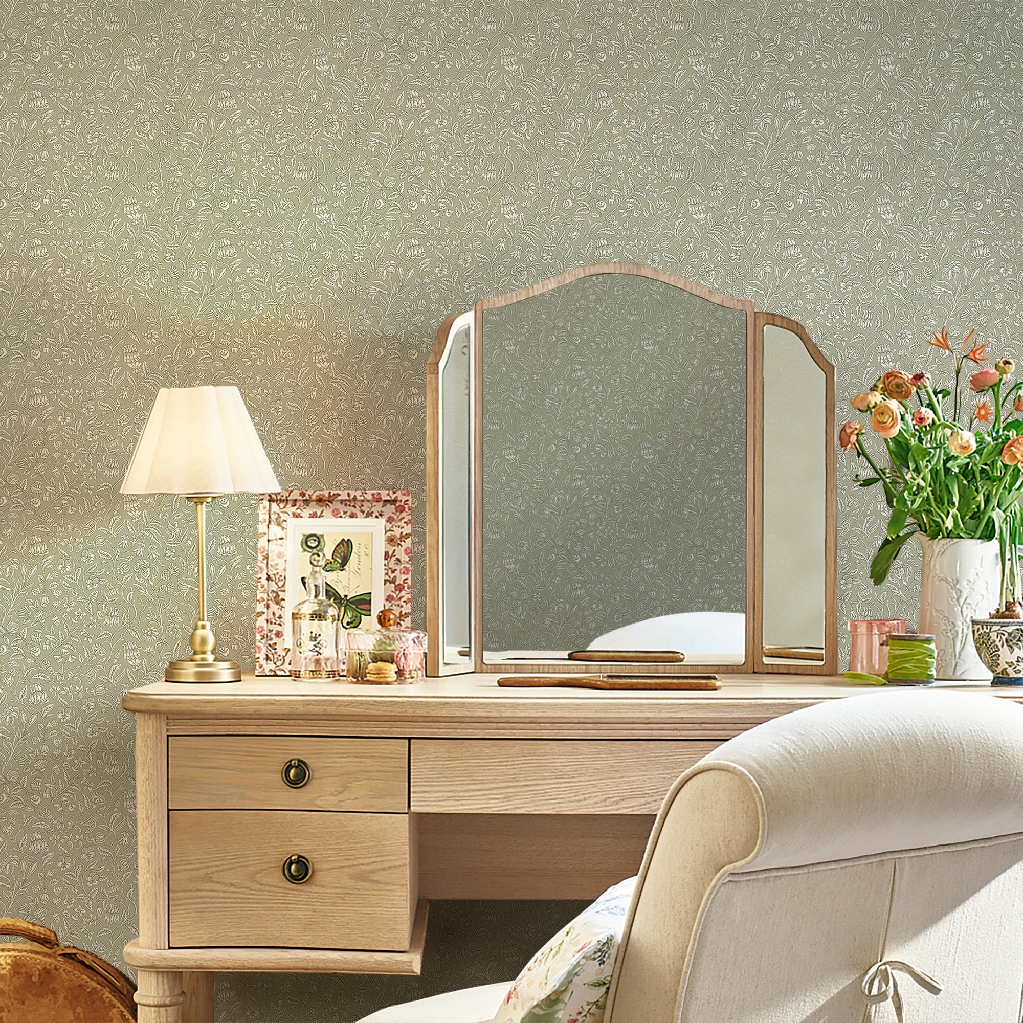146957 Elmdon Sage Green Laura Ashley AW26 Wallpaper by Laura Ashley
