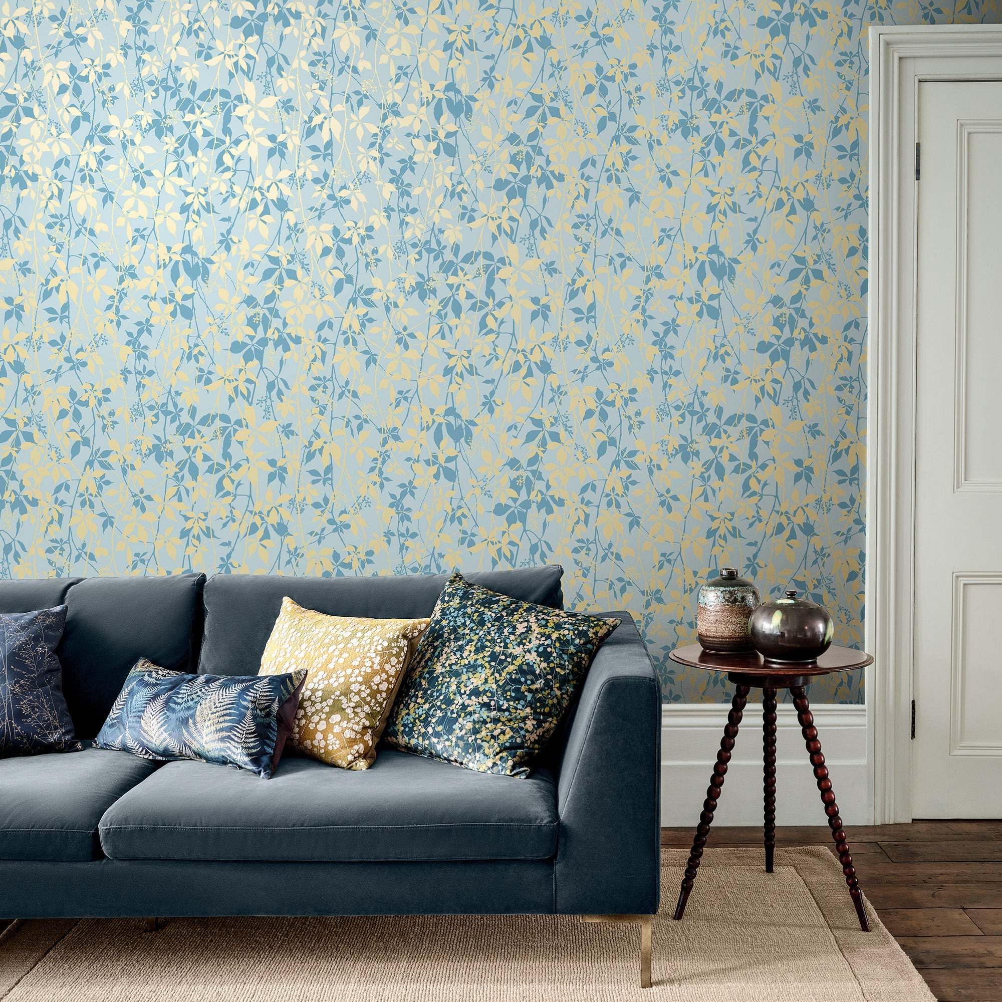 147011 Virginia Creeper Powder Blue & Soft Gold Clarissa Hulse AW26 Wallpaper by Clarissa Hulse
