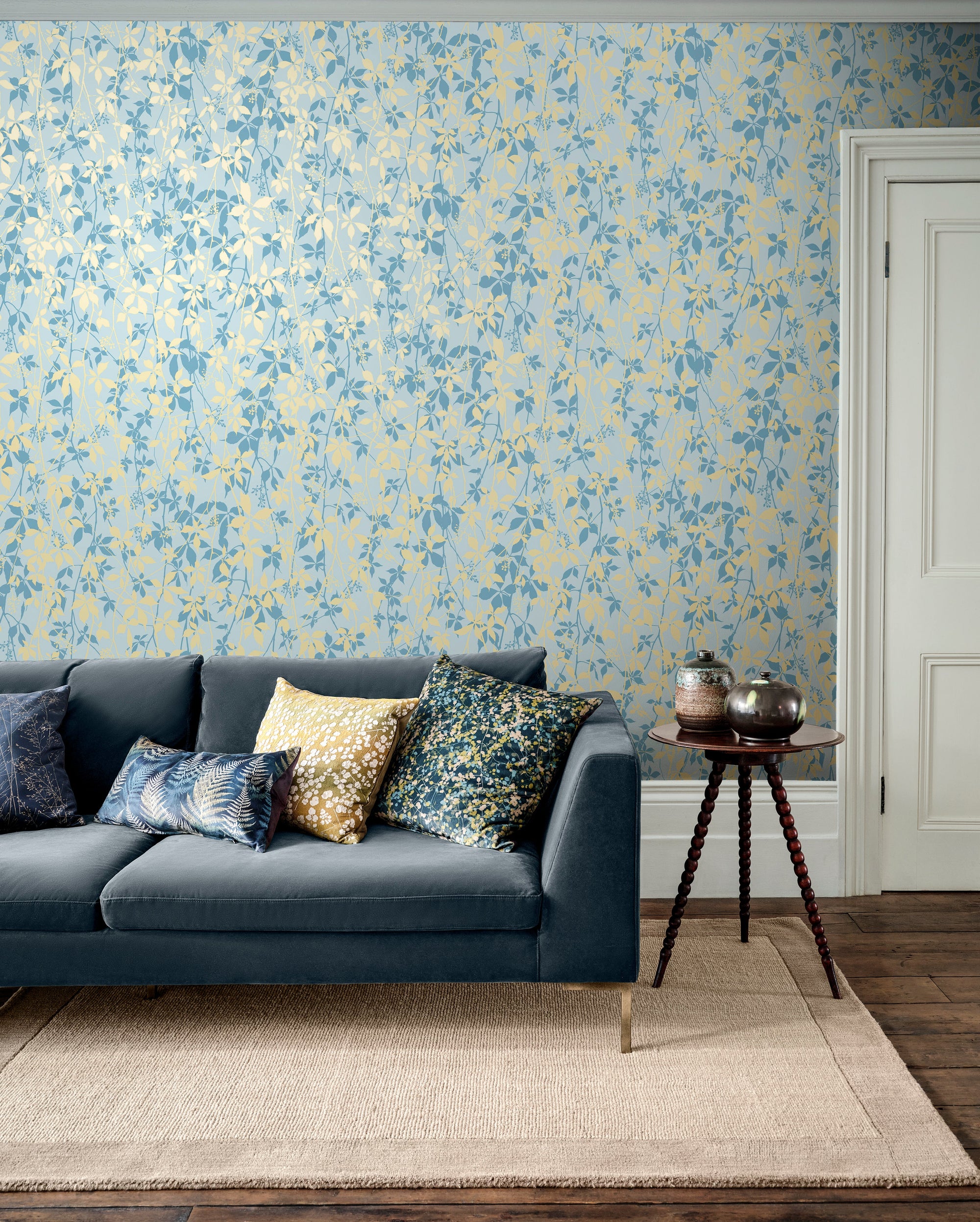 147011 Virginia Creeper Powder Blue & Soft Gold Clarissa Hulse AW26 Wallpaper by Clarissa Hulse