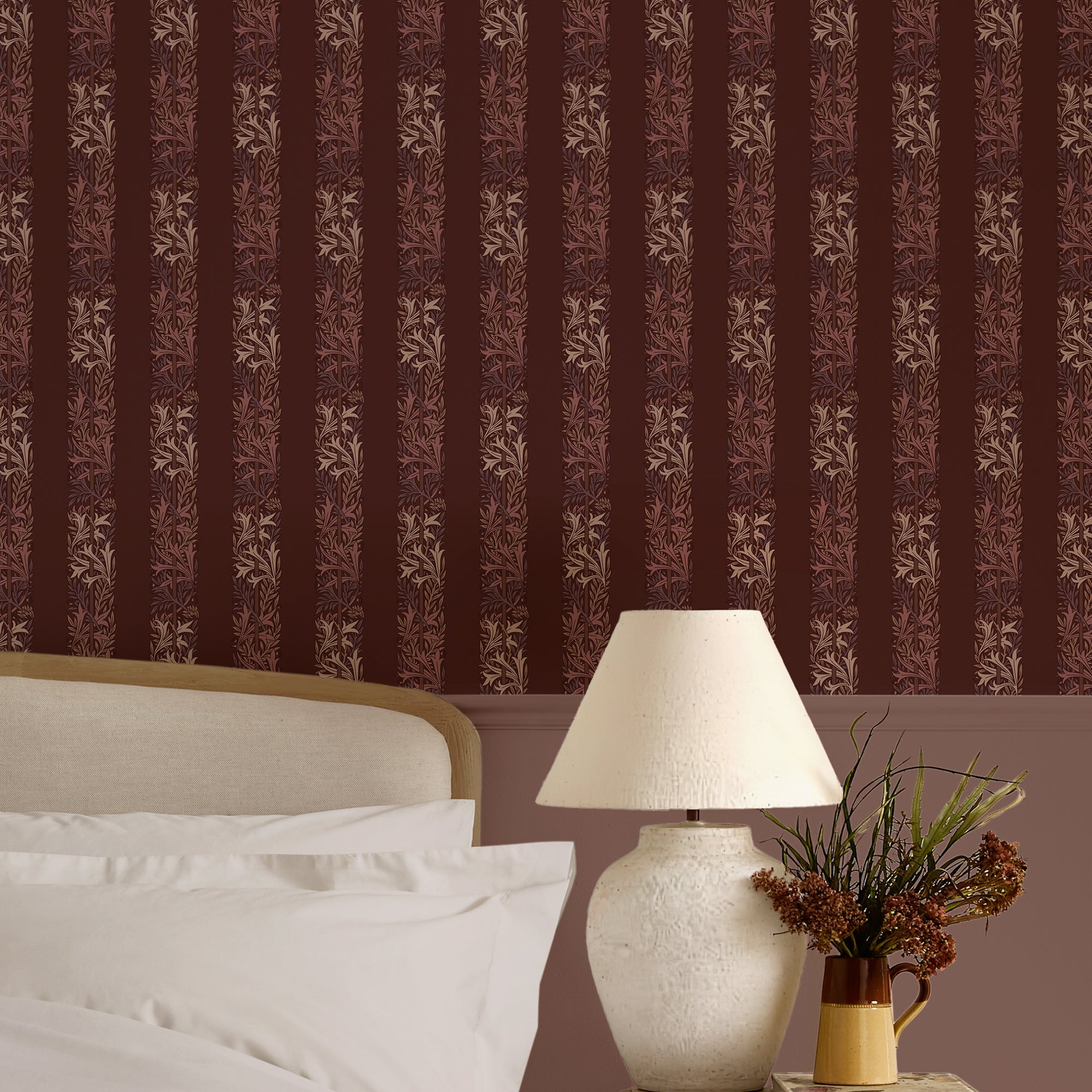 147070 Love Is Enough Stripe Damson William Morris at Home AW26 Wallpaper by William Morris at Home