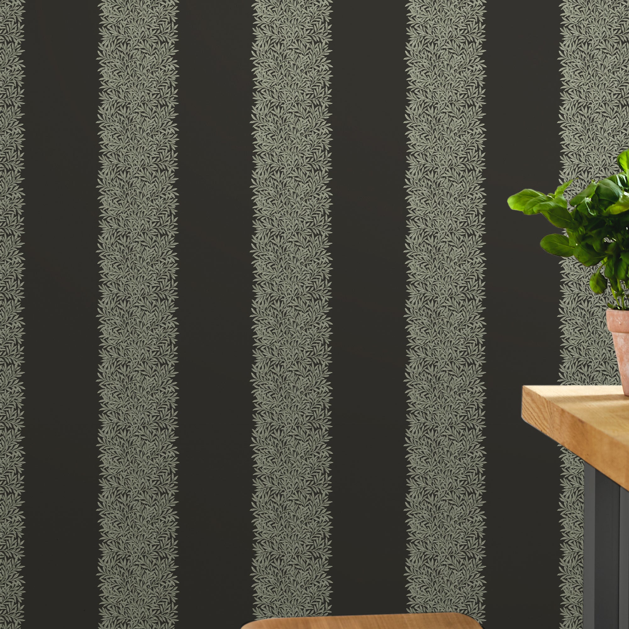 147080 Willow Stripe Charcoal William Morris at Home AW26 Wallpaper by William Morris at Home