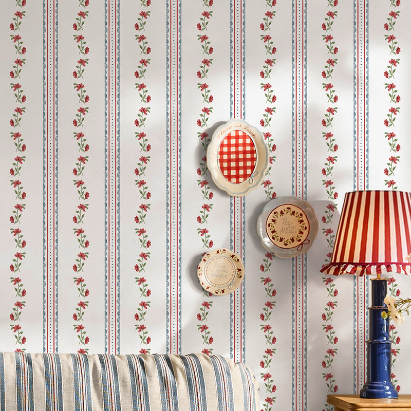 149122 Treasure Floral Red & Blue Cath Kidston AW26 Wallpaper by Cath Kidston