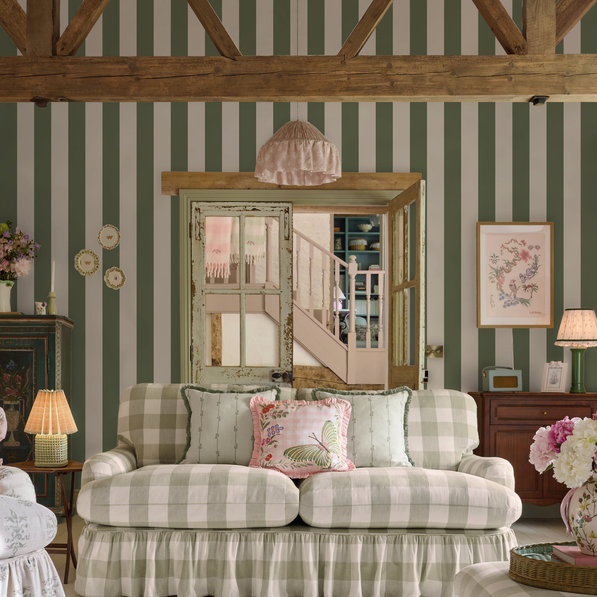 149126 Canopy Stripe Vintage Green Cath Kidston AW26 Wallpaper by Cath Kidston