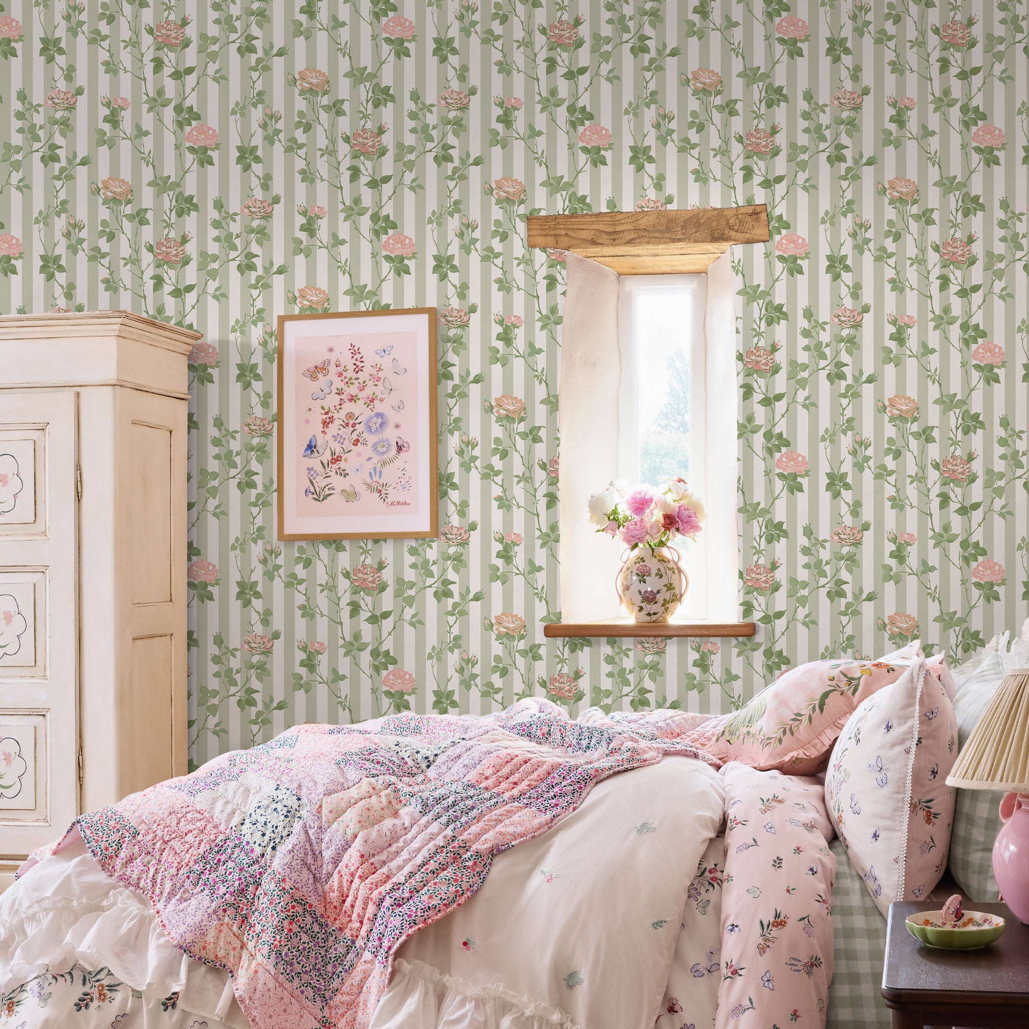 149129 Climbing Rose Pink and Sage Cath Kidston AW26 Wallpaper by Cath Kidston