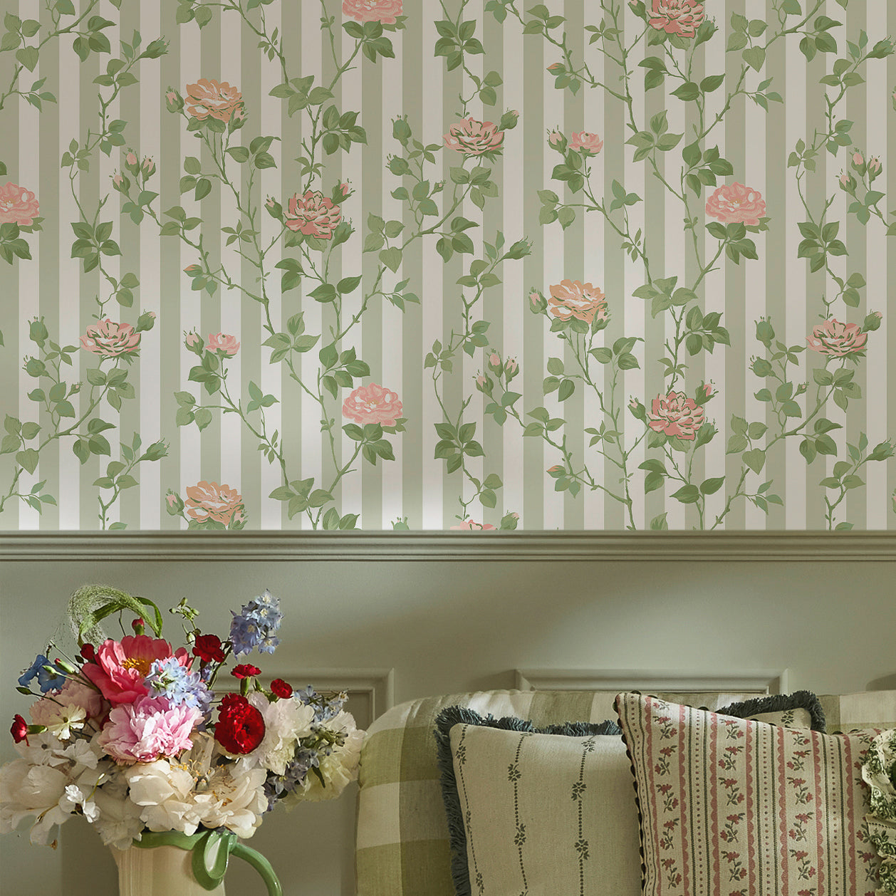 149129 Climbing Rose Pink and Sage Cath Kidston AW26 Wallpaper by Cath Kidston