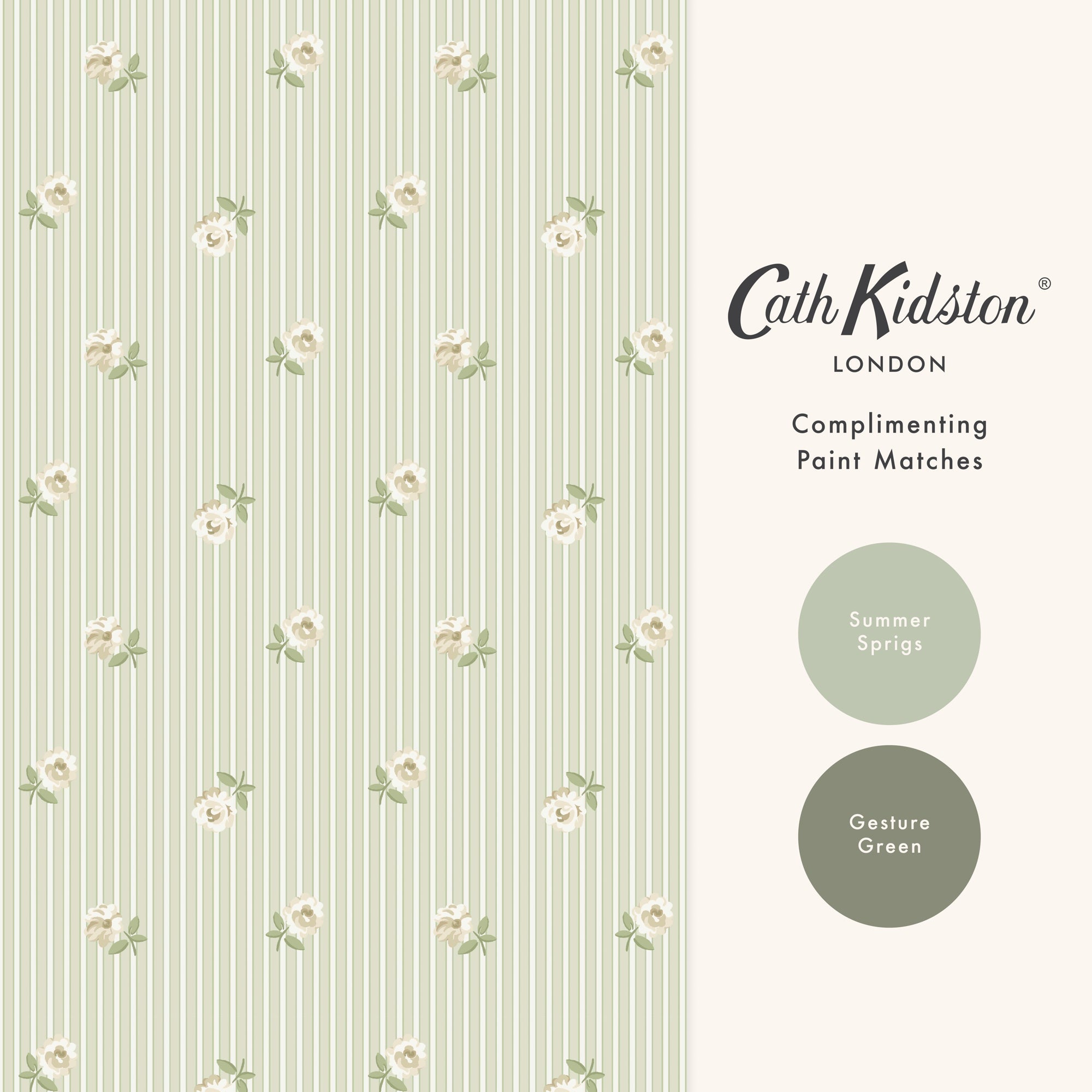149132 Rose Spaced Stripe Sage Cath Kidston AW26 Wallpaper by Cath Kidston