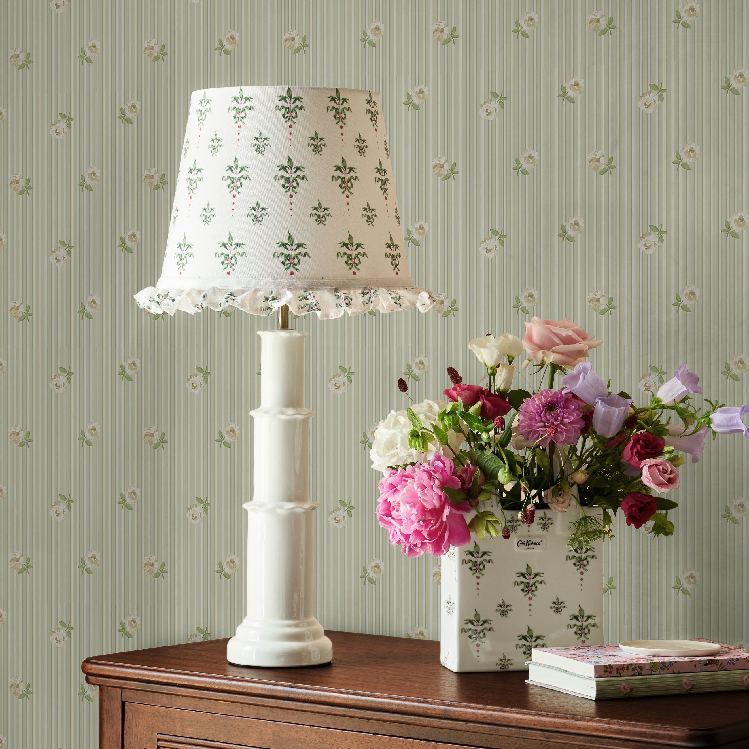 149132 Rose Spaced Stripe Sage Cath Kidston AW26 Wallpaper by Cath Kidston