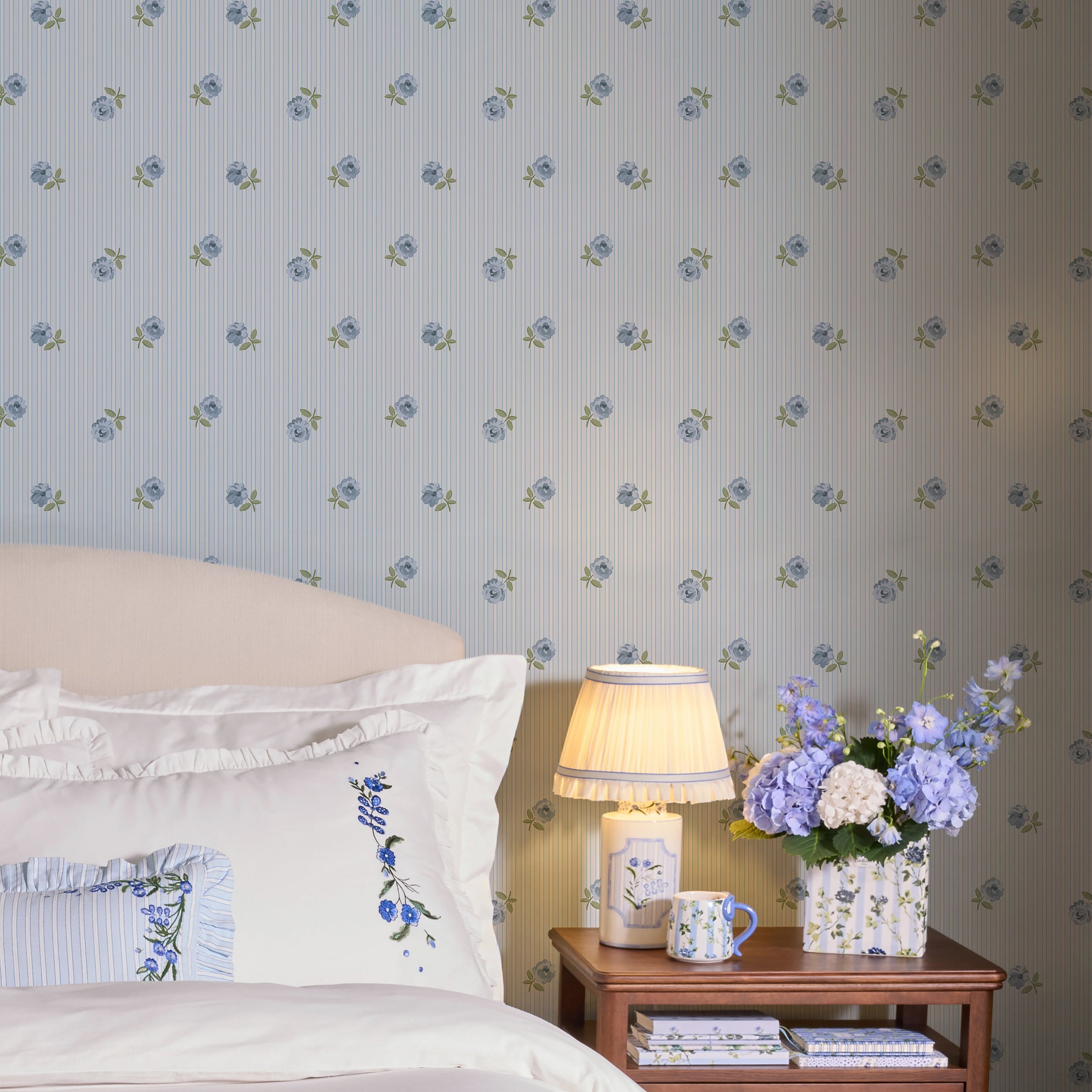 149134 Rose Spaced Stripe Blue Cath Kidston AW26 Wallpaper by Cath Kidston