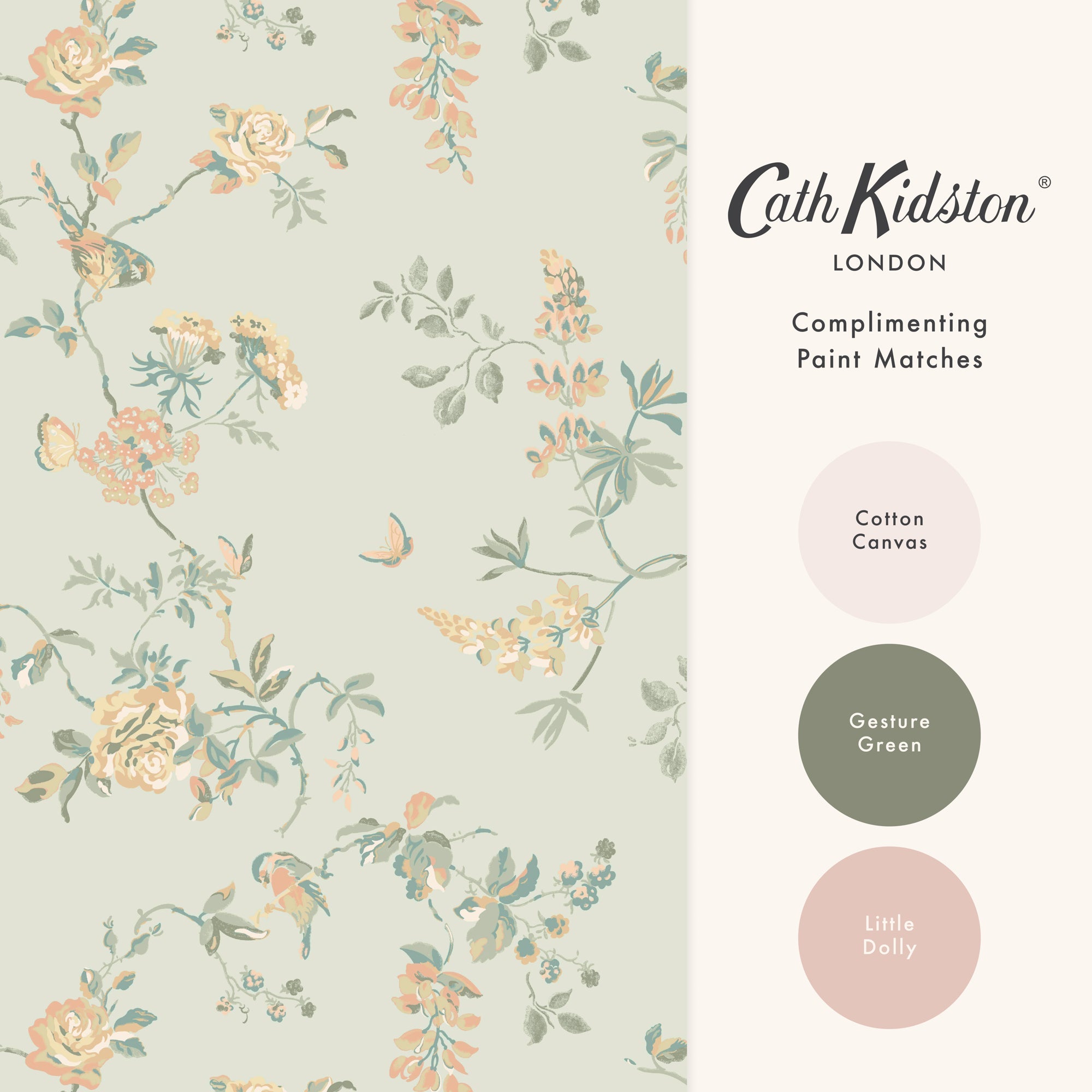 149143 Birds and Roses Sage Cath Kidston AW26 Wallpaper by Cath Kidston