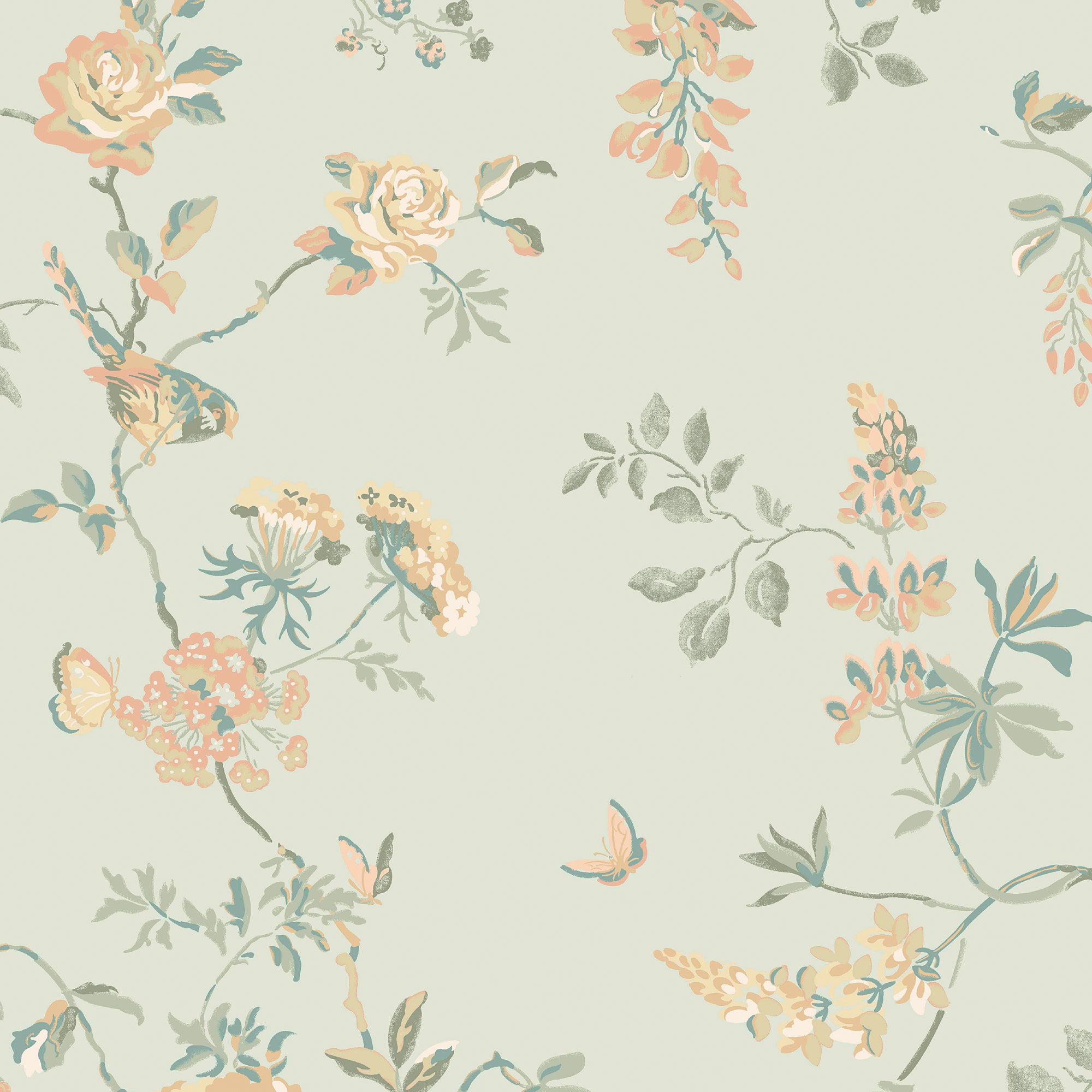149143 Birds and Roses Sage Cath Kidston AW26 Wallpaper by Cath Kidston