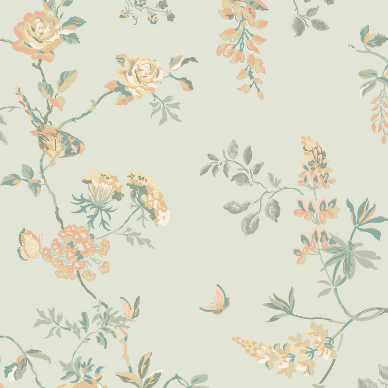 149143 Birds and Roses Sage Cath Kidston AW26 Wallpaper by Cath Kidston