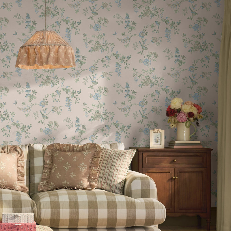 149144 Birds and Roses Blue Cath Kidston AW26 Wallpaper by Cath Kidston