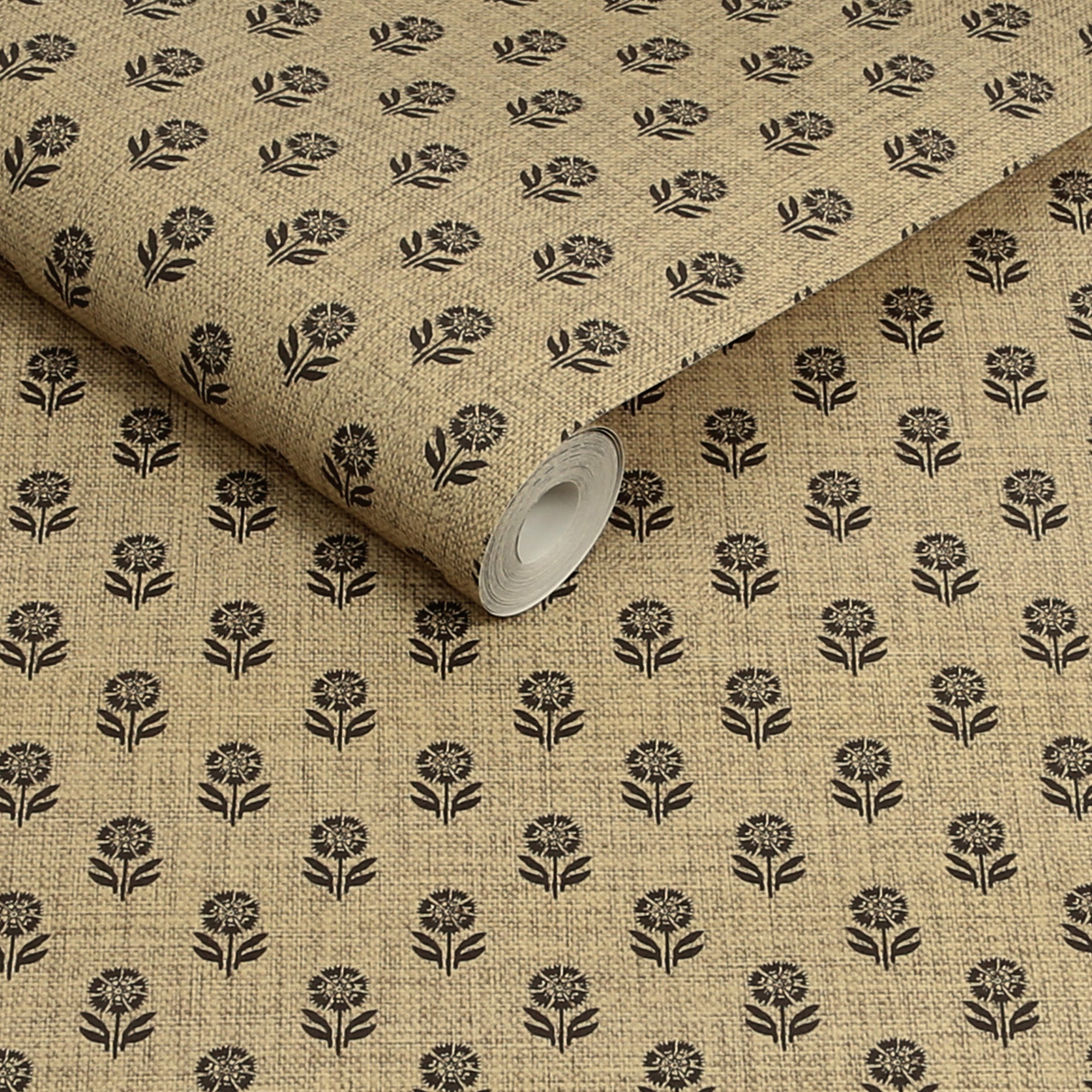 149516 Wood Block Floral Grasscloth & Brown Joules AW26 Wallpaper by Joules