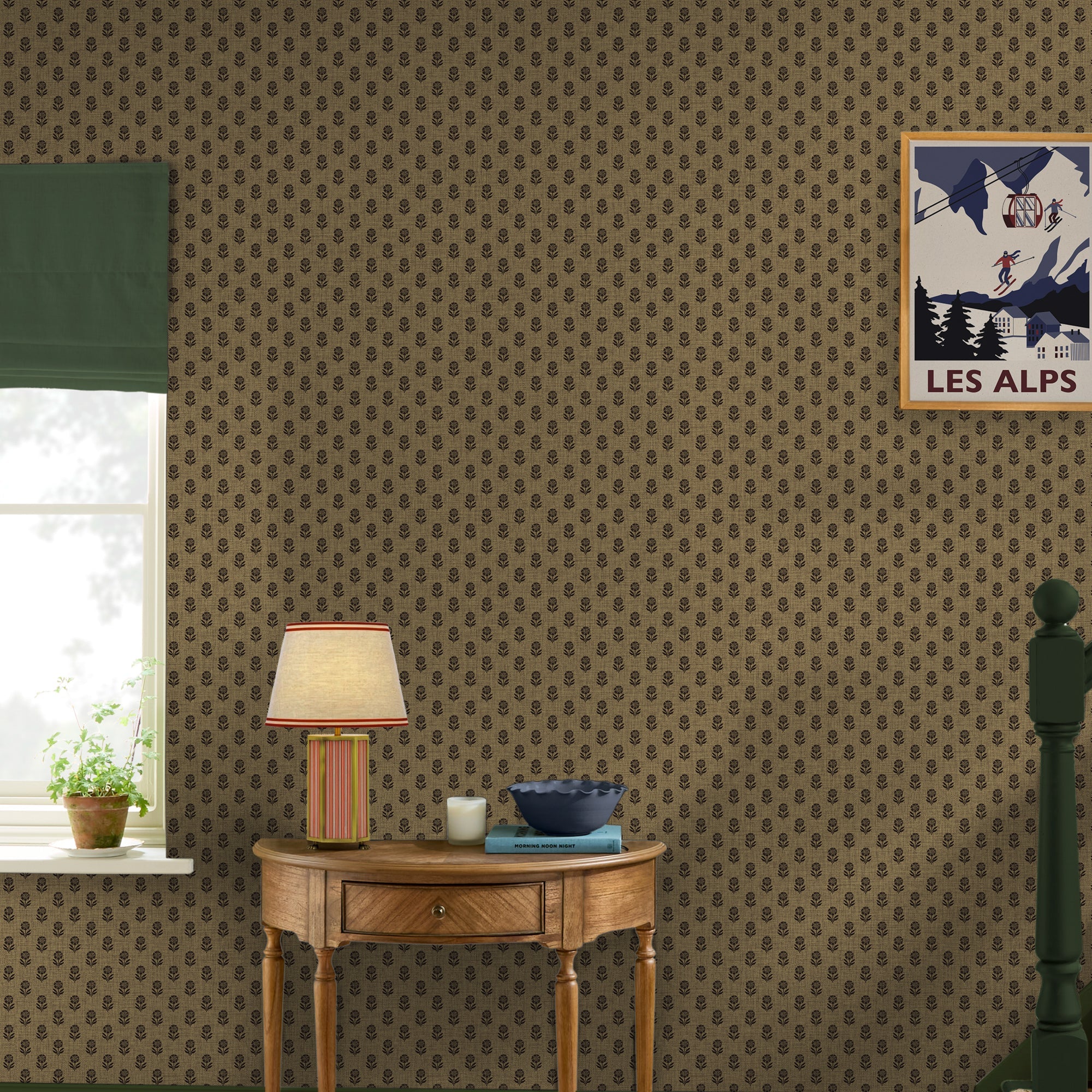 149516 Wood Block Floral Grasscloth & Brown Joules AW26 Wallpaper by Joules