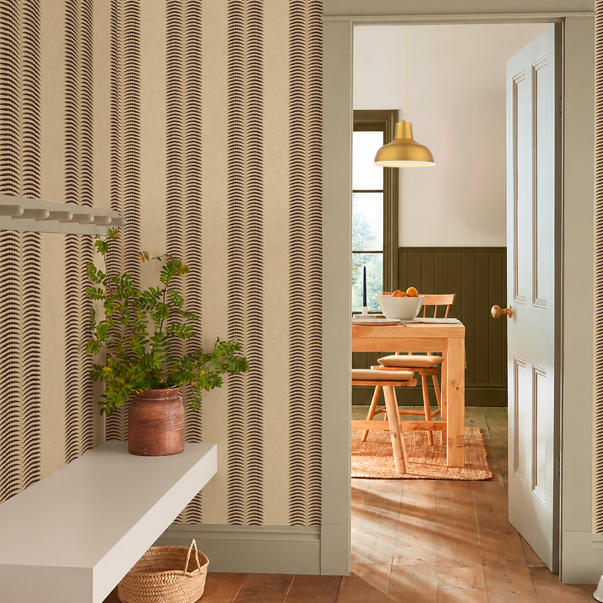 149564 Palm Leaf Stripe Cream & Brown Joules AW26 Wallpaper by Joules