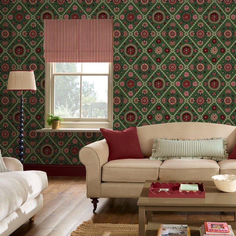 149573 Festival Floral Trellis Green Joules AW26 Wallpaper by Joules
