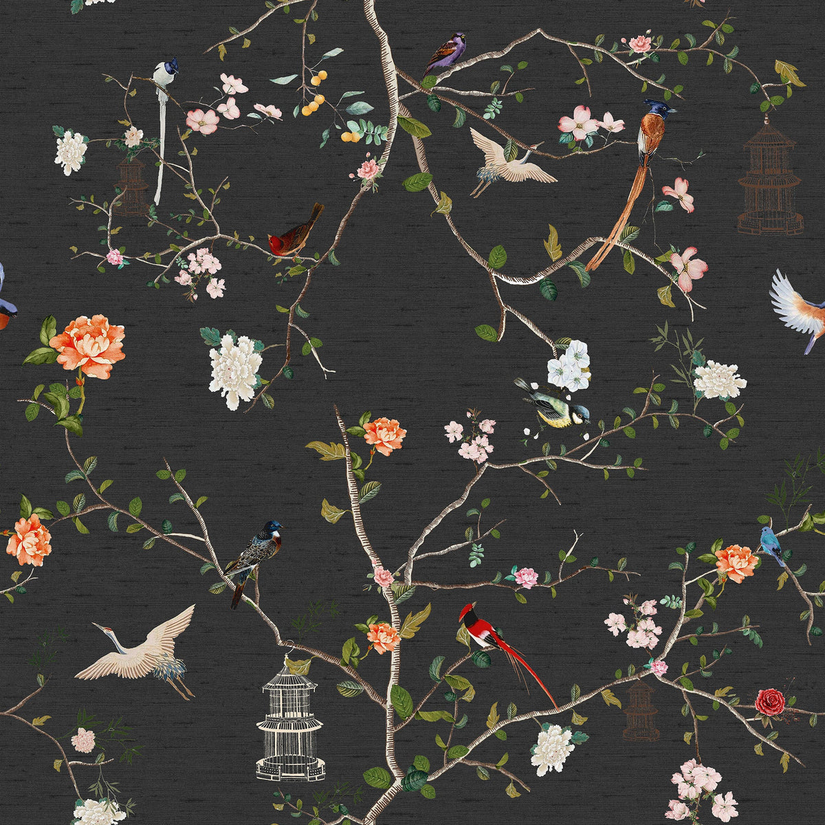 149628 The Secret Garden Chinoiserie Black Ink Wallpaper by Rockett St George - flat