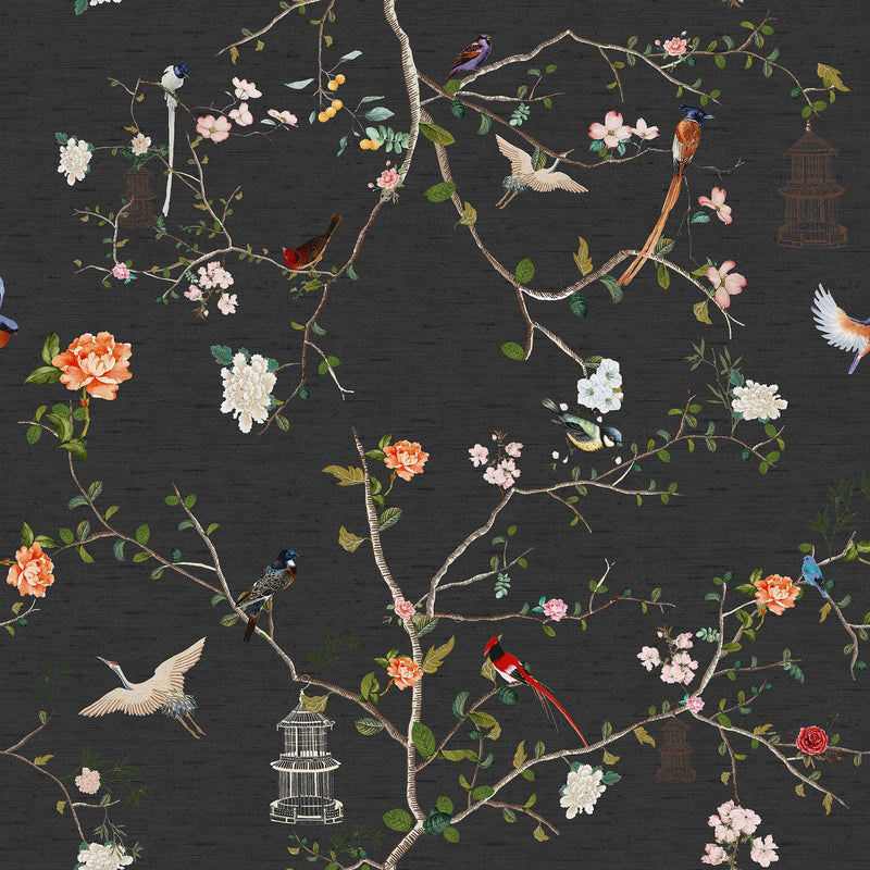 149628 The Secret Garden Chinoiserie Black Ink Wallpaper by Rockett St George - flat