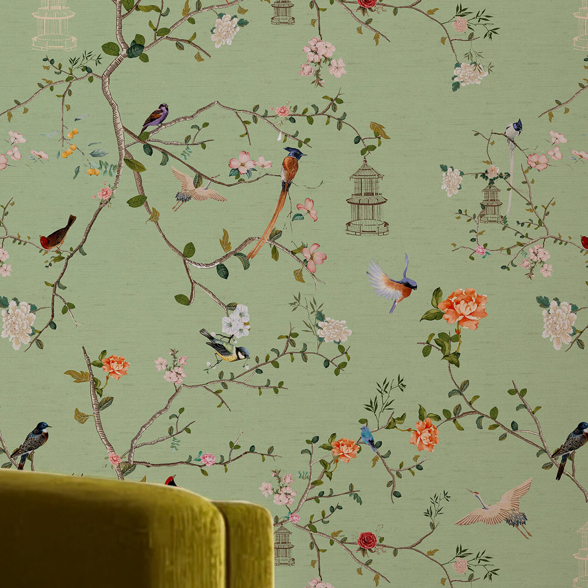 149631 The Secret Garden Chinoiserie Green Tea Wallpaper by Rockett St George - room