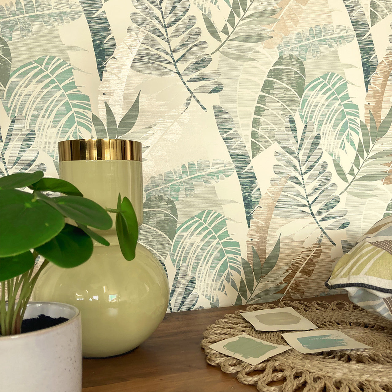 1601 Sarika Leaf Green Gold Wallpaper by Belgravia