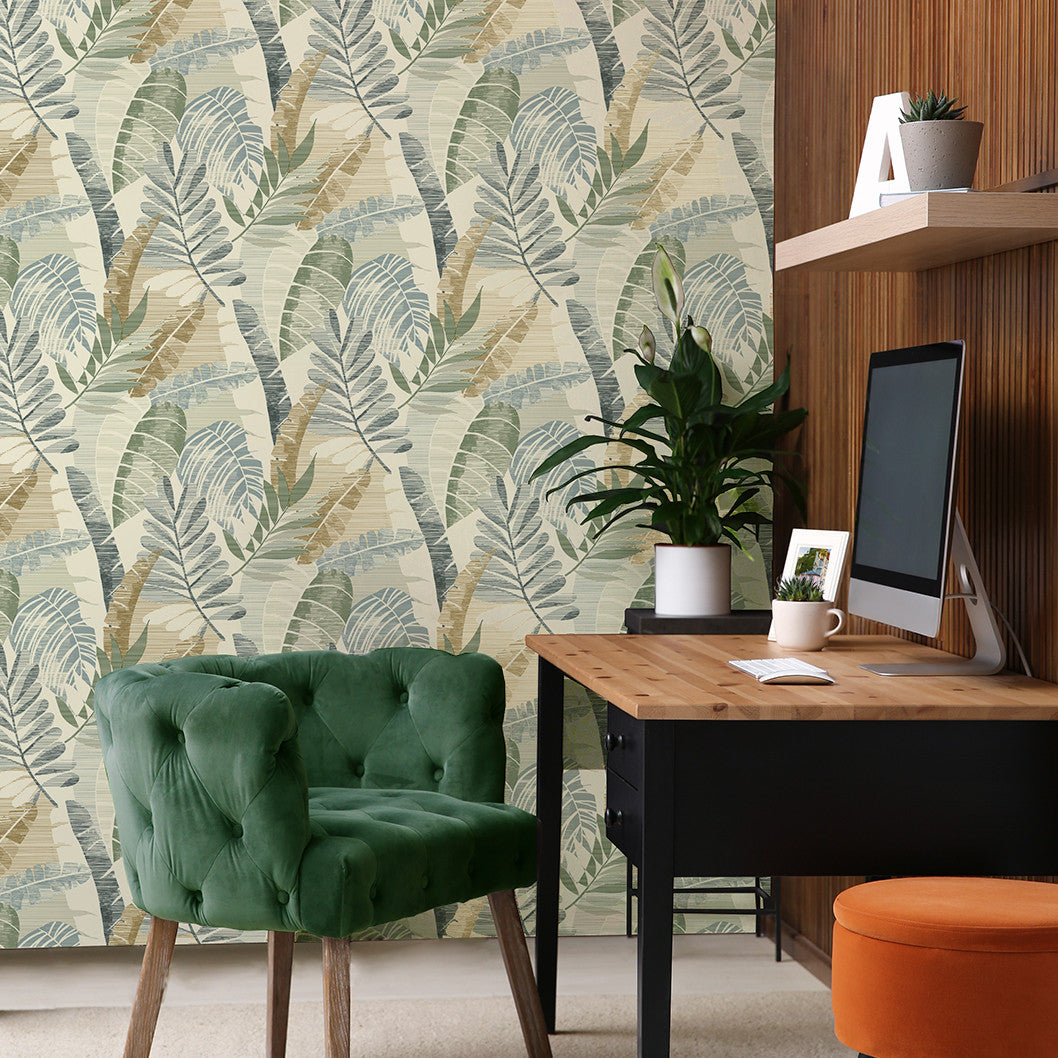 1601 Sarika Leaf Green Gold Wallpaper by Belgravia