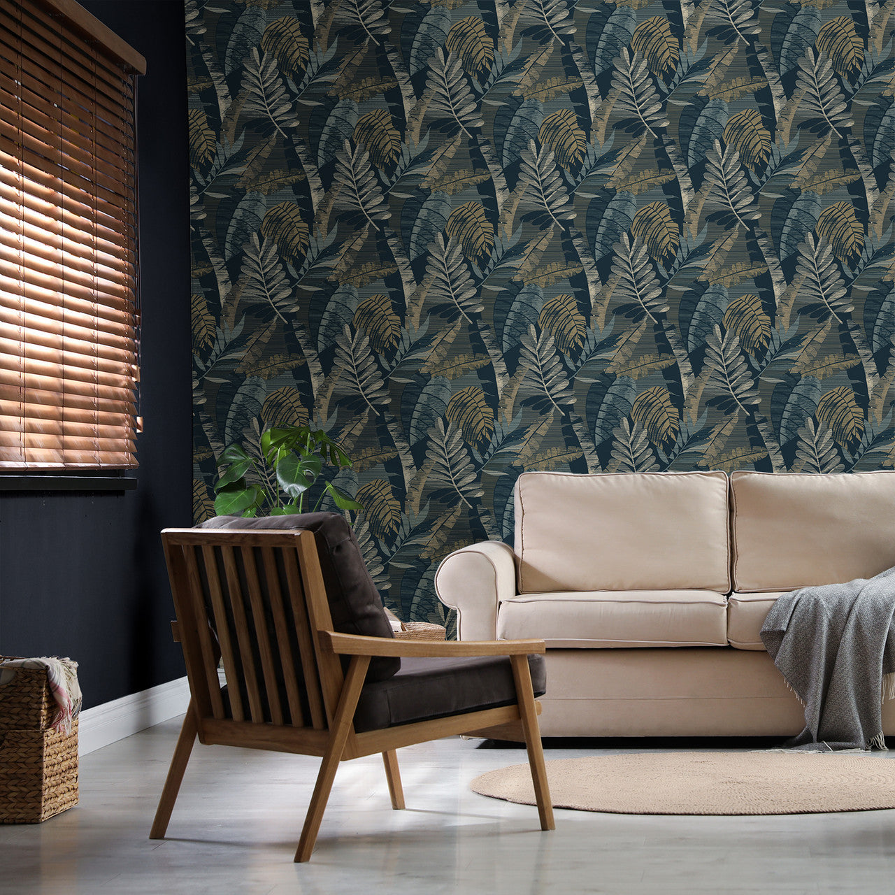 1602 Sarika Leaf Blue Gold Wallpaper by Belgravia