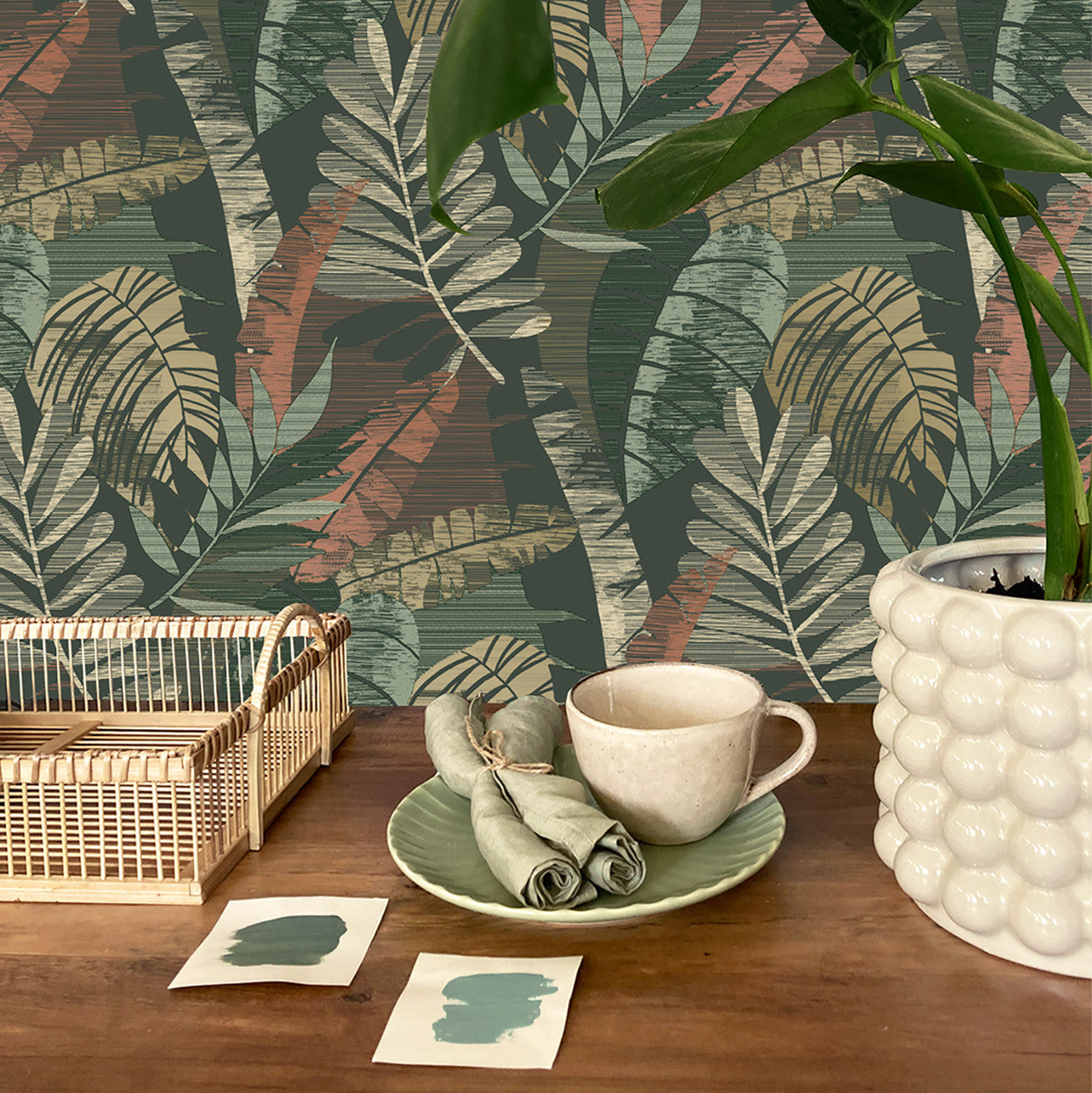 1603 Sarika Leaf Green & Orange Wallpaper by Belgravia