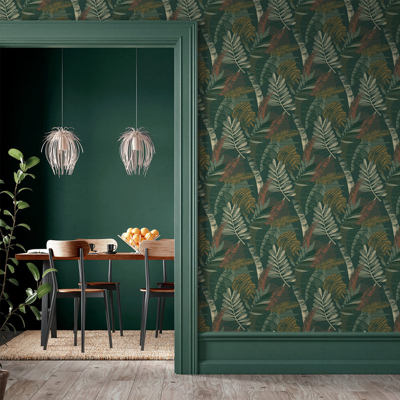 1603 Sarika Leaf Green & Orange Wallpaper by Belgravia