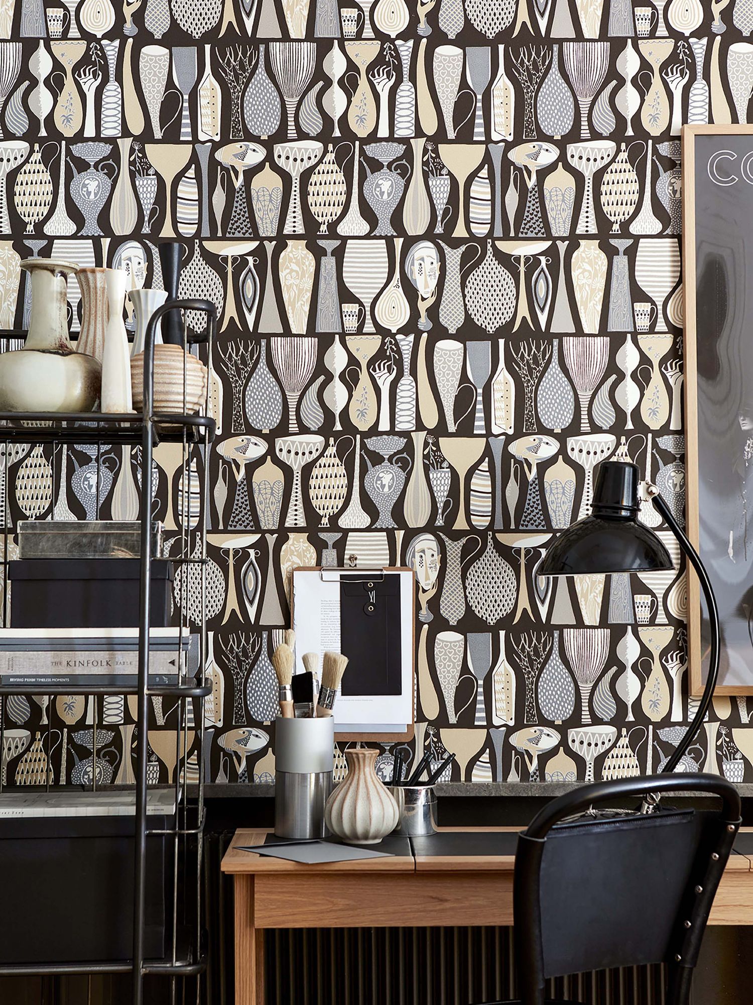 1758 Stig Lindberg Pottery Black and Multi Wallpaper by Boråstapeter