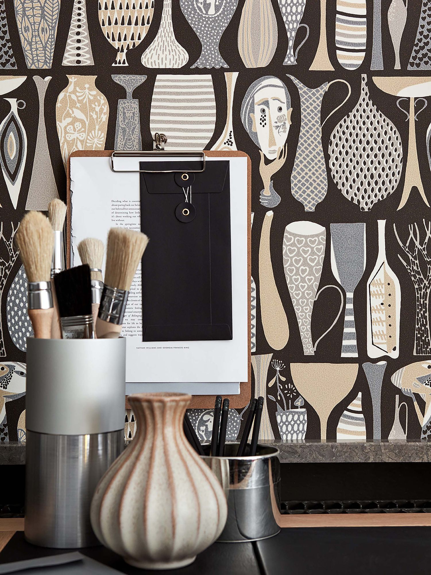 1758 Stig Lindberg Pottery Black and Multi Wallpaper by Boråstapeter