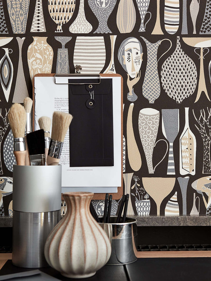 1758 Stig Lindberg Pottery Black and Multi Wallpaper by Boråstapeter