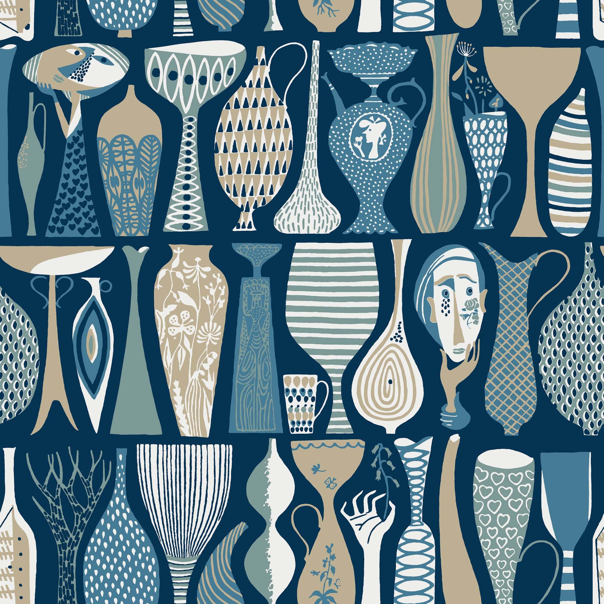 1759 Stig Lindberg Pottery Blue and Multi Wallpaper by Boråstapeter