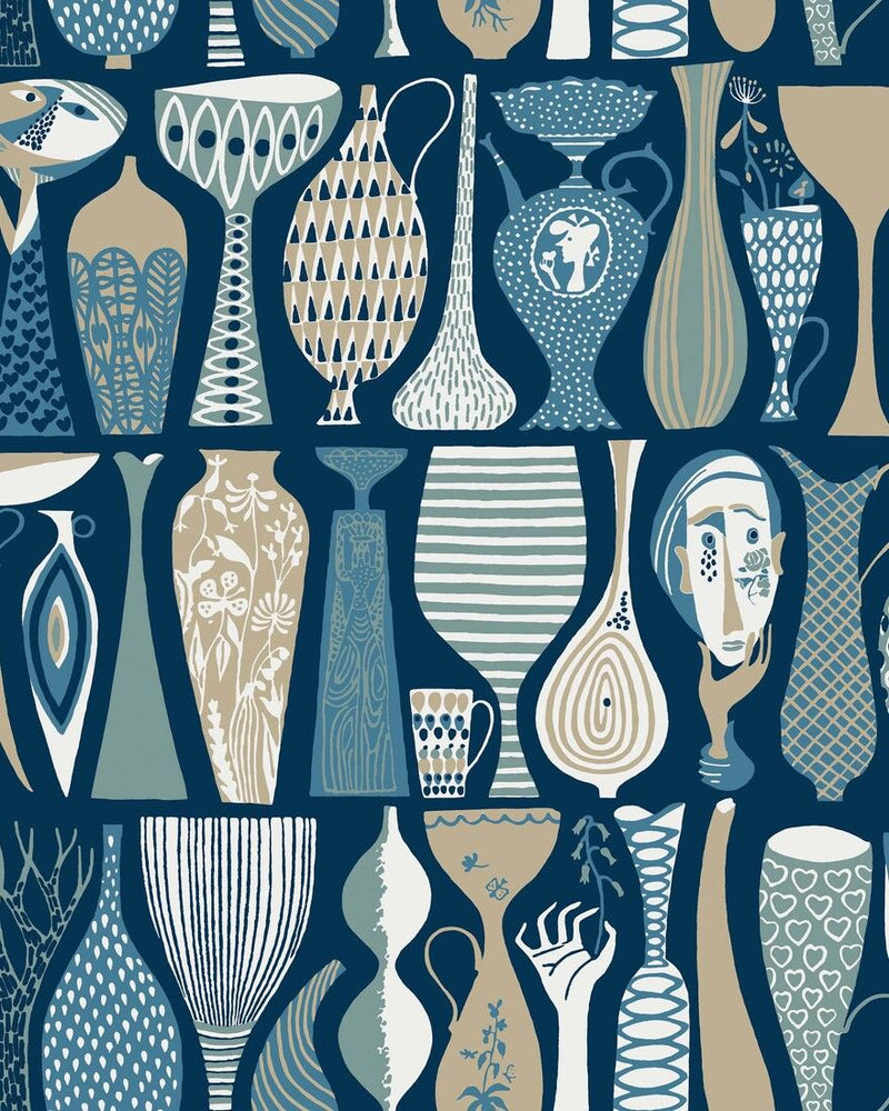 1759 Stig Lindberg Pottery Blue and Multi Wallpaper by Boråstapeter