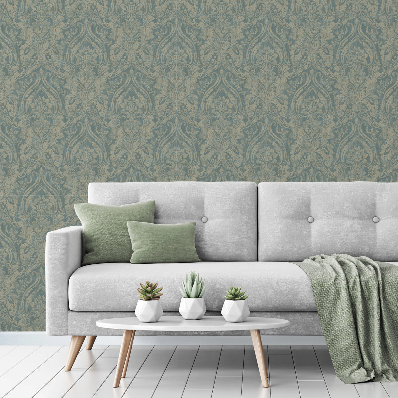 188401 Textured Damask Teal Wallpaper by Grandeco