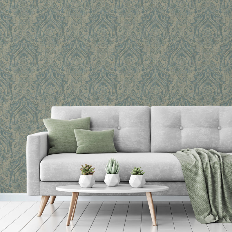 188401 Textured Damask Teal Wallpaper by Grandeco